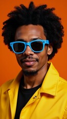 A stylish African American male strikes an urban pose against an orange background during Black History Month donning a yellow jacket and blue sunglasses to convey modern coolness