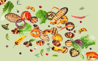Tasty grilled vegetables in air on light green background