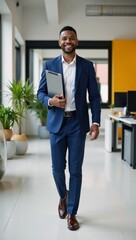 Fototapeta premium Cheerful African American male manager walking confidently through a colorful office space with tablet emanating positive energy