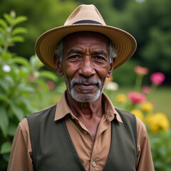 Fototapeta premium An elderly African-American gentleman with gray hair wears a straw hat outdoors