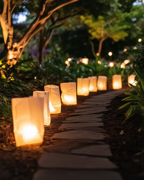 Luminary bags lining a garden path during a night event