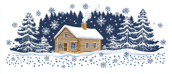 A cozy log cabin surrounded by snowy trees, creating a serene winter landscape filled with falling snowflakes.