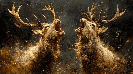 Two Roaring Stags: A Dramatic Wildlife Painting