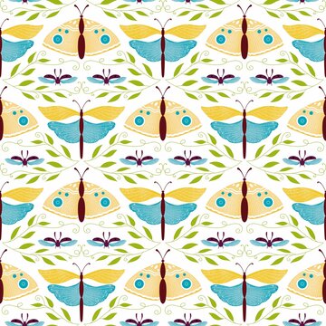 Seamless digital pattern design with butterflies and leaves