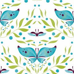 Seamless pattern design with blue butterfly , leaves and ladybird