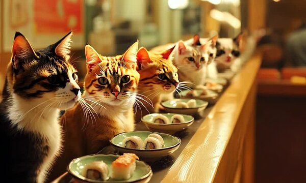 Group of cats sitting at a sushi bar counter, eagerly waiting for their meal in a whimsical and amusing atmosphere