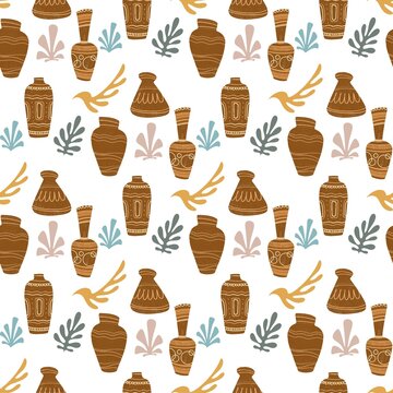 Seamless pattern design with vases and decorative elements