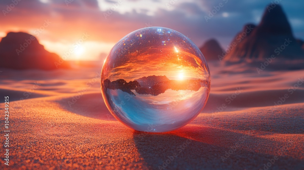 Poster a crystal sphere captures the colors of a stunning sunset, surrounded by soft desert dunes and dista