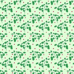 Seamless digital pattern design with green leaves and red dots