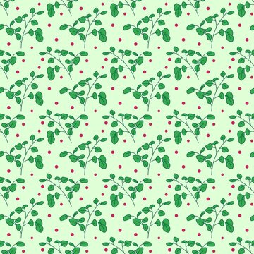 Seamless digital pattern design with green leaves and red dots