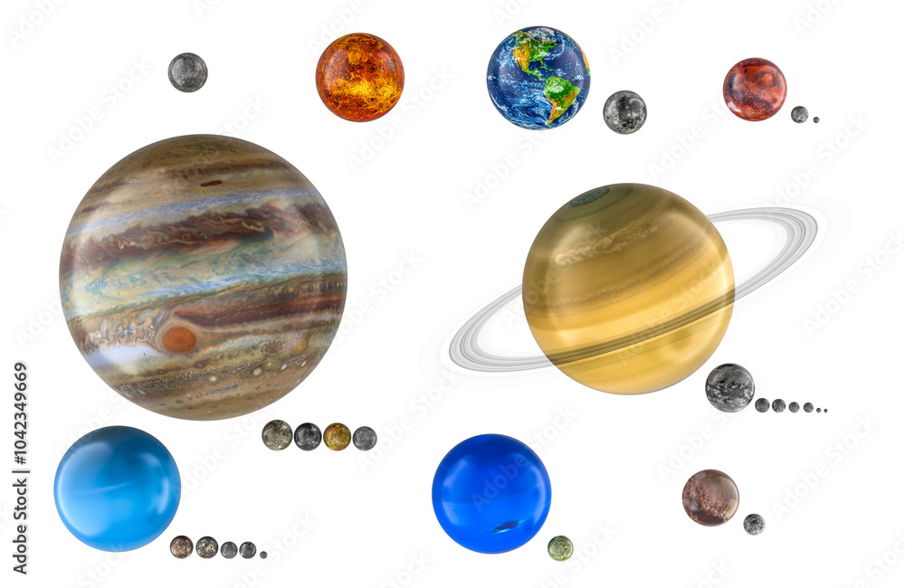 Poster planets of solar system with satellites, 3d rendering isolated on transparent background