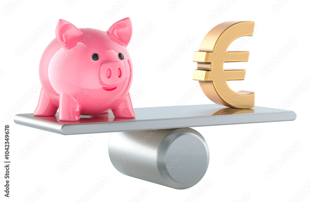 Poster piggy bank and euro symbol on balance scale. 3d rendering isolated on transparent background