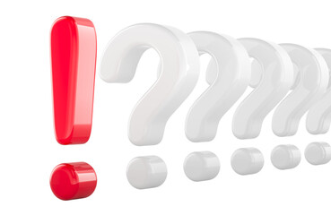 Exclamation mark with many question marks. 3D rendering isolated on transparent background