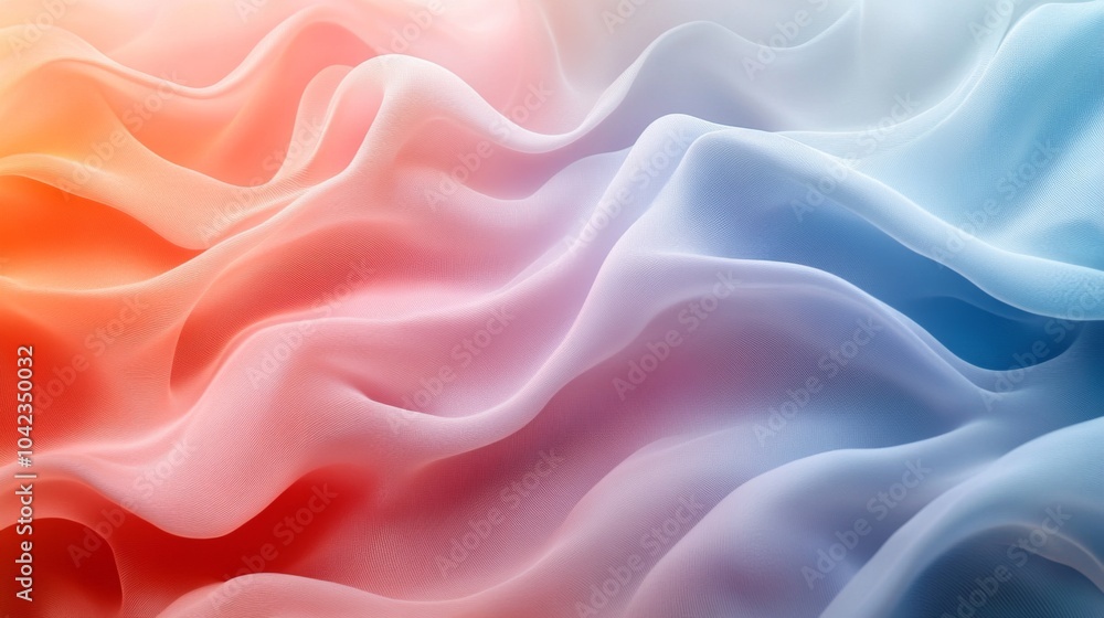 Poster the delicate fabric cascades in gentle waves, blending warm and cool colors, creating a serene visua