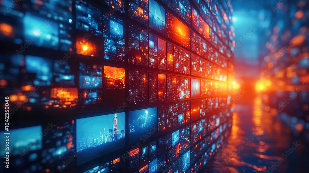 Poster a wall of multiple television screens displaying different channels and news. a media concept for in
