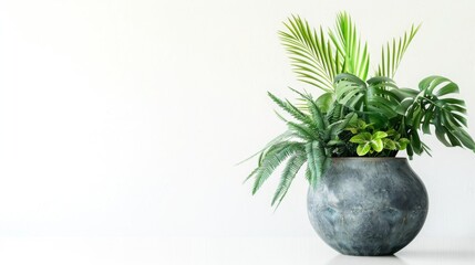A large round grey pot filled with lush green tropical plants sits against a bright white backdrop.