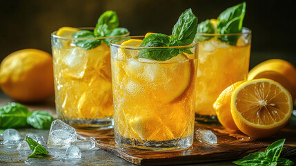 Fototapeta premium Three glasses of refreshing lemonade with ice cubes, lemon slices, and fresh basil leaves on a wooden table. A perfect drink for a hot summer day