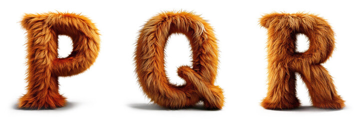 Letters P, Q, R. Alphabet Made of Ultra-Realistic Brown Dog Fur: Hair Letters.