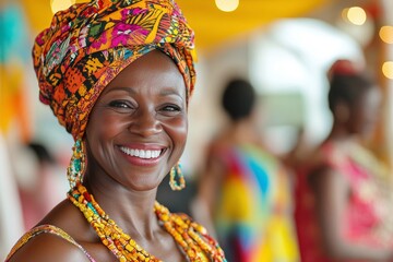 Fototapeta premium Portrait of a celebrant in traditional attire, smiling joyfully with blurred partygoers in the background, amidst vibrant cultural decorations and festive music 3