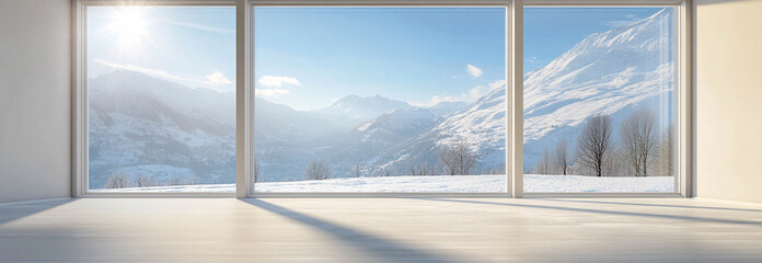 Empty living room with wooden floor and a large window with mountains view in winter season