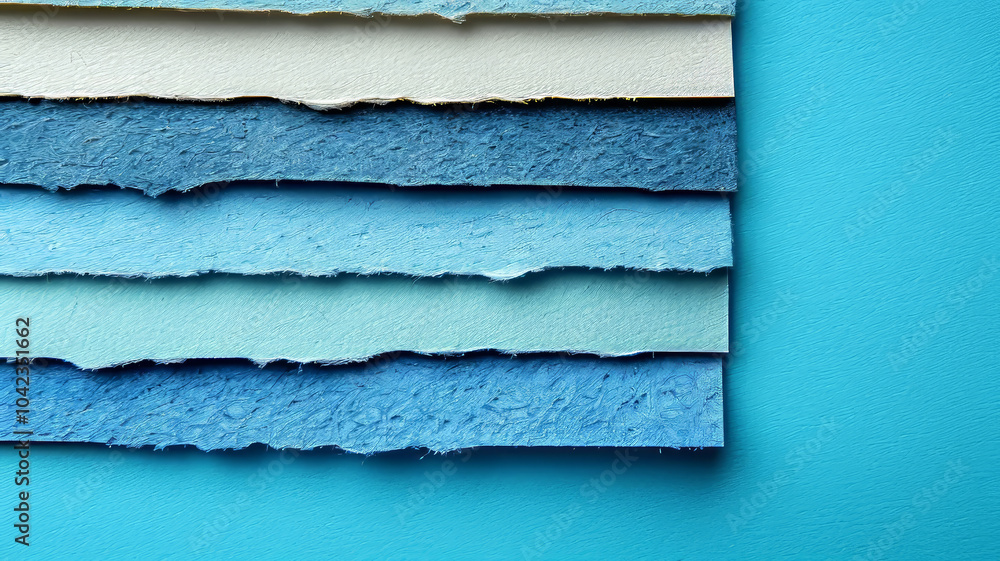 Poster textured paper in various shades of blue is arranged in layers, creating a striking visual against a