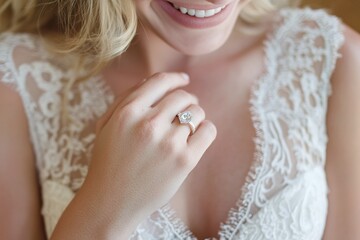 Close-up of a woman's hand wearing an engagement ring, surrounded by delicate lace of her wedding dress, showcasing her joy and anticipation for the upcoming nuptials 1