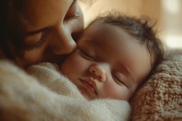 Close-up of a newborn baby's serene face, nestled against its mother's chest, captured in soft focus with a background of a cozy nursery room filled with baby essentials 4