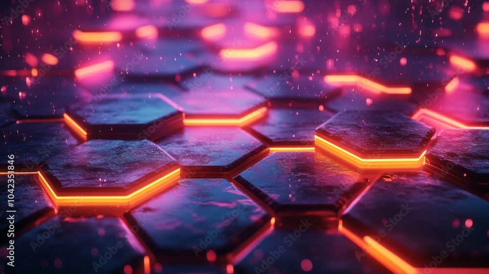 Fototapete Bright neon lights highlight a hexagonal tile pattern, creating a dynamic and futuristic vibe. The scene is filled with glowing effects and a sense of depth.