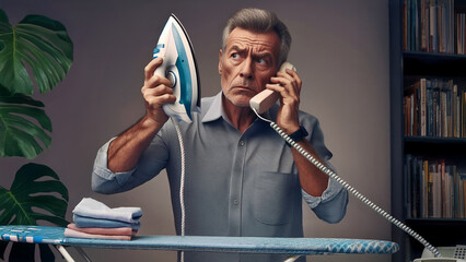Man talking on the phone and ironing, a person doing domestic chores looking anxious, worried, seeking advice or help from after-sales service, needing instructions for use or technical support