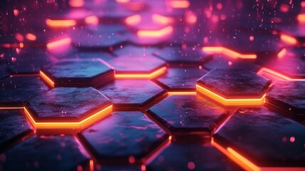 Bright neon lights highlight a hexagonal tile pattern, creating a dynamic and futuristic vibe. The scene is filled with glowing effects and a sense of depth.