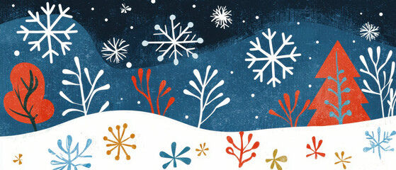A whimsical winter landscape featuring colorful snowflakes, trees, and plants against a dark blue night sky.