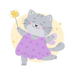 Cute fairy tale cat vector illustration