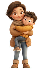 Mom holds her son in her arms 3D illustration on isolated transparent background PNG