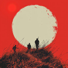 Naklejka premium Three soldiers navigate a grassy hill as a massive red sun sets beyond the horizon, creating a dramatic backdrop. The scene captures a blend of tension and tranquility during twilight.