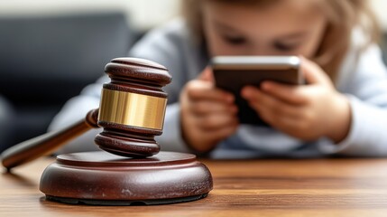 Focused Child Holding Gavel And Tablet Learning About Justice And Law