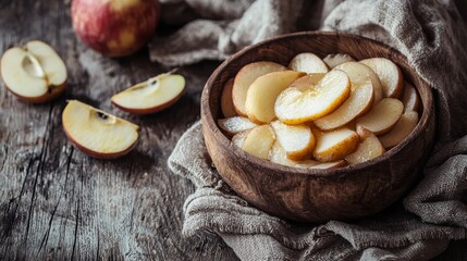Fototapeta premium Sliced apples in a rustic wooden bowl