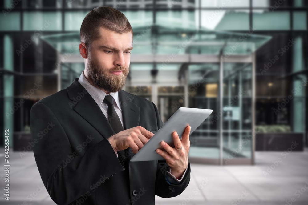 Wall mural young businessman posing outdoor at office building.