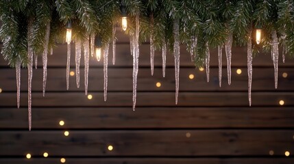 Obraz premium Green Christmas tree branches adorned with icicles and red ornaments enhance the rustic charm of a wooden house during winter