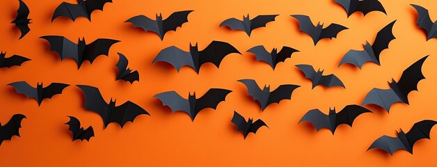 Fototapeta premium Halloween background with paper flying bats on orange background.