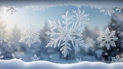 Beautiful frosty snowflakes on a window with a winter landscape background