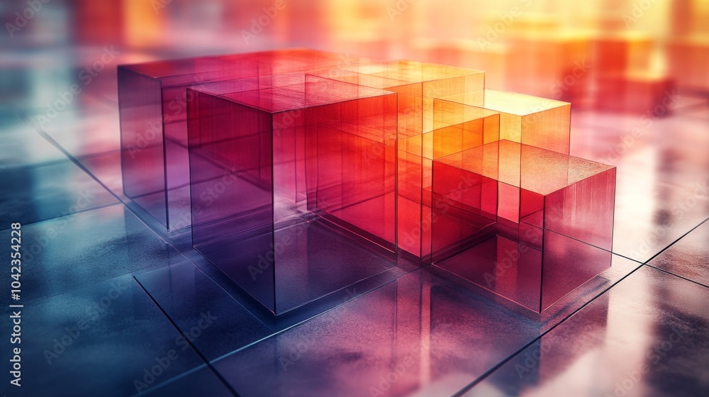 Poster Translucent cubes in vibrant shades of red and orange are arranged creatively on a reflective floor, catching warm light and creating stunning reflections, evoking an artistic atmosphere.