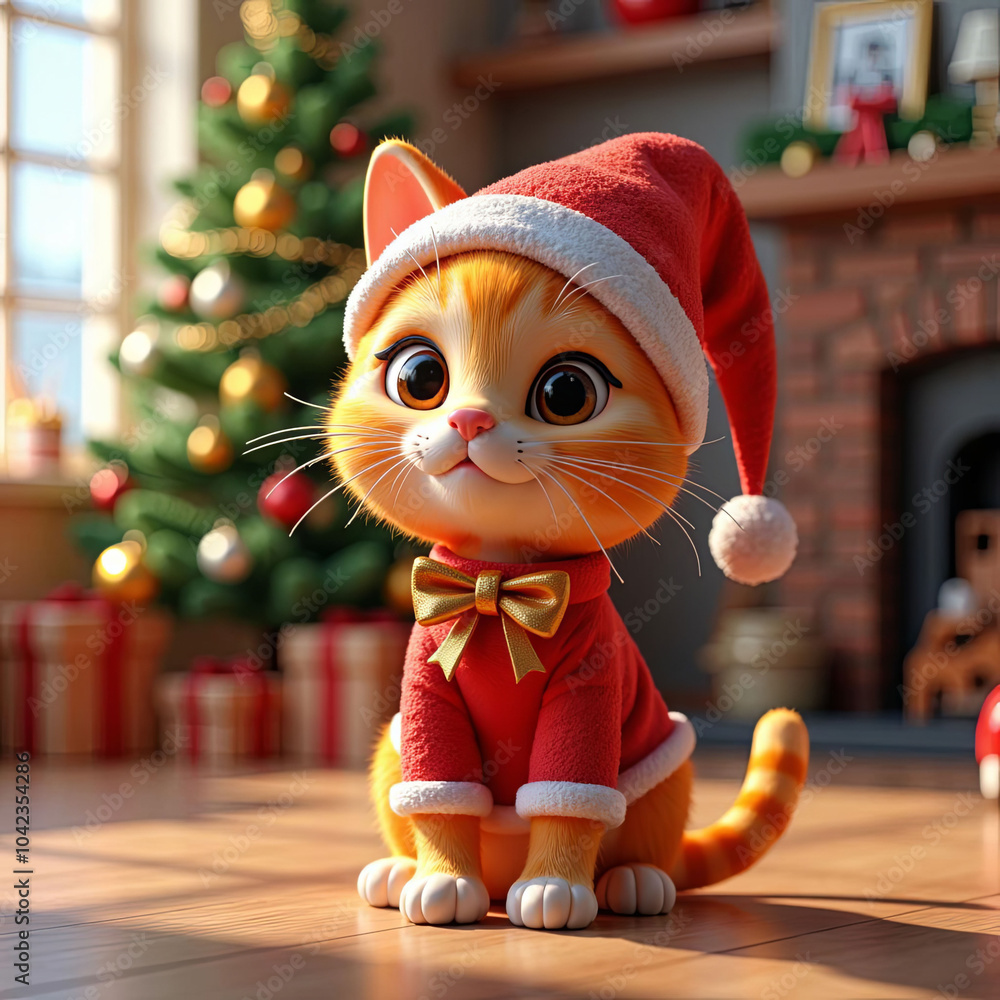 Poster a cat in a red santa hat and a red sweater sits in front of a christmas tree. the cat is smiling and