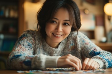 Fototapeta premium Portrait of a woman playing jigsaw puzzle, relaxed expression, cozy home, soft lighting, close-up view, top angle 1