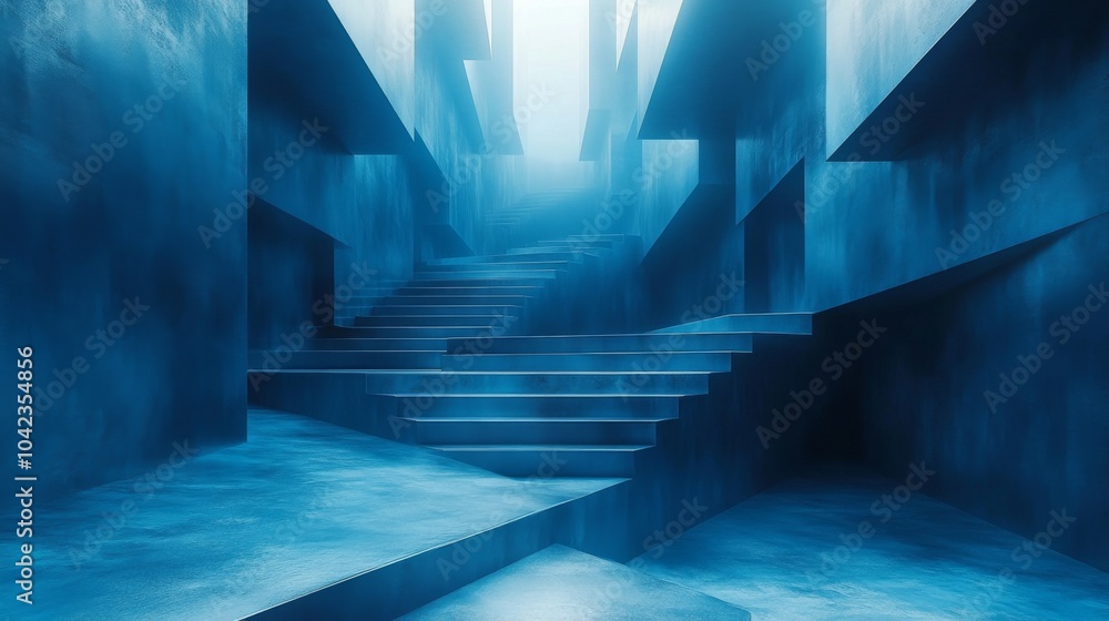 Poster A captivating corridor filled with abstract structures showcases a series of stairs leading into a tranquil blue environment. The mysterious lighting enhances the surreal atmosphere.