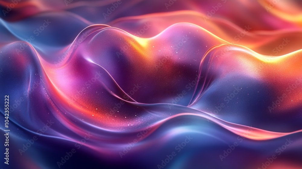 Poster Colorful waves undulate across a digital canvas, blending hues of purple, blue, and gold to create a dynamic and mesmerizing visual effect reminiscent of twilight.