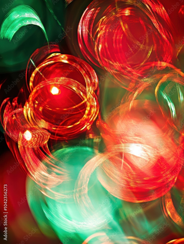 Poster colorful christmas ornaments and lights swirl together, creating an abstract representation of festi