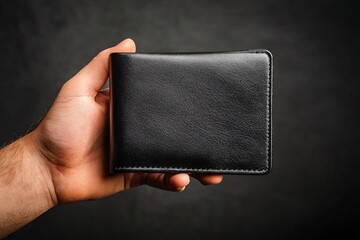 Hand holding a shiny metallic wallet, on a black background, bright light, side view 4