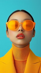 Stylish young woman exudes confidence and beauty in a trendy outfit. Wearing orange lipstick and sunglasses. With a turtleneck peeking out from her chic jacket; advertising poster for eyewear store