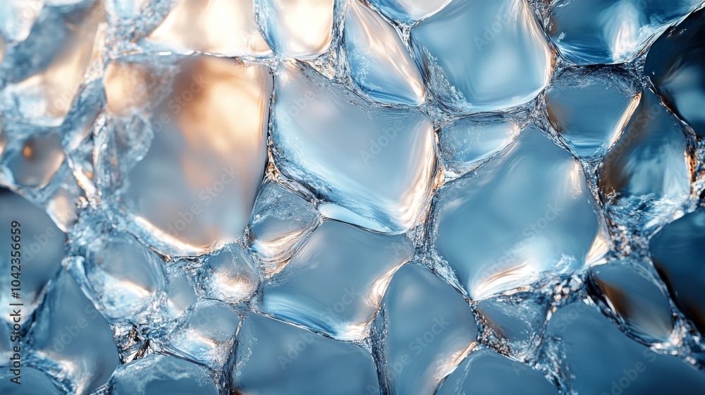 Aufkleber The composition highlights the unique shapes and surfaces of ice cubes, reflecting light in a stunning array of shades and textures, creating a natural, cool aesthetic.