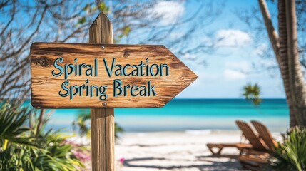 Fototapeta premium A wooden sign with the words 'Spiral Vacation Spring Break' pointing towards a beach with lounge chairs in the background.